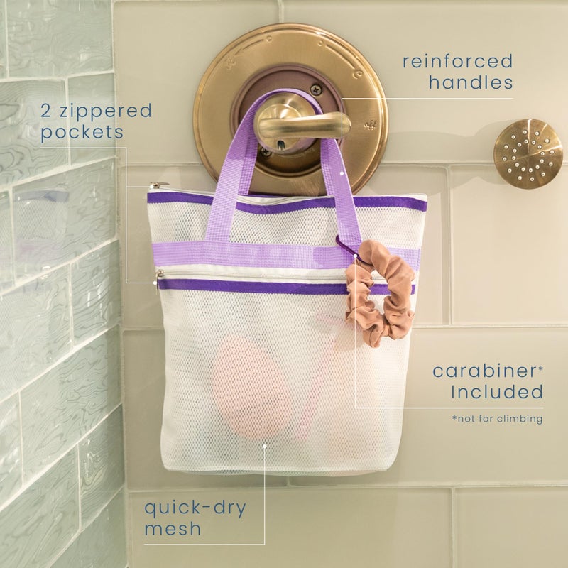 S&T INC. Mesh Shower Caddy, Shower Bag for Dorm Room Essentials, Gym Bag, Camping and More, Two Zippered Pockets, White and Purple, 10 Inches x 10 Inches - Image 2