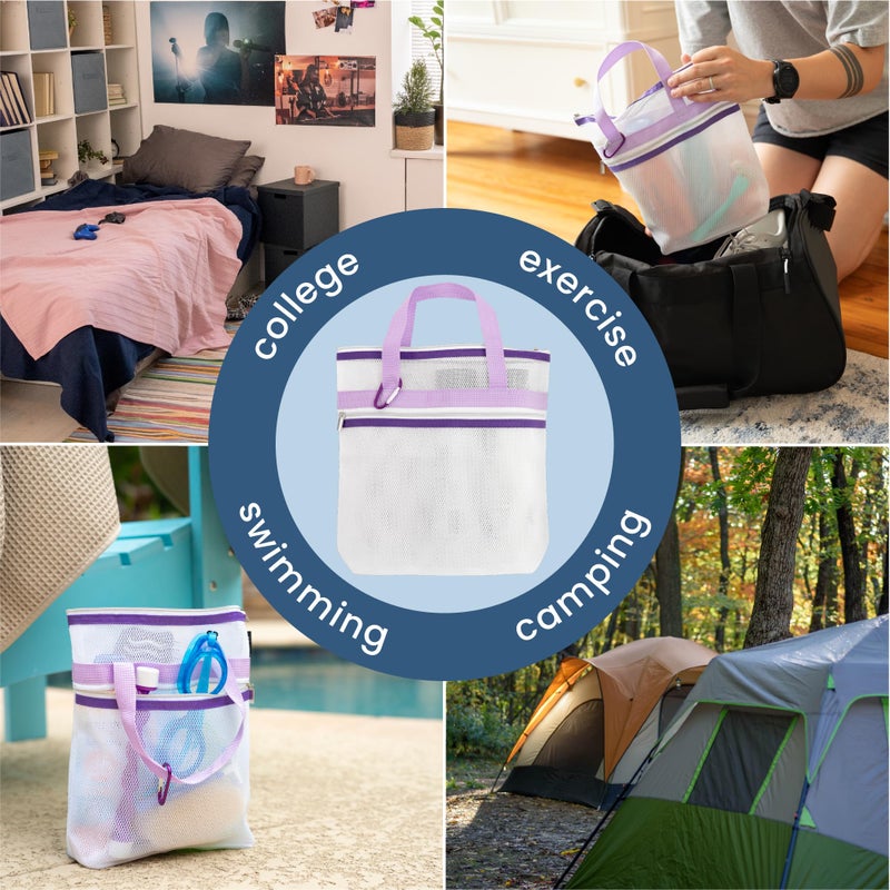 S&T INC. Mesh Shower Caddy, Shower Bag for Dorm Room Essentials, Gym Bag, Camping and More, Two Zippered Pockets, White and Purple, 10 Inches x 10 Inches - Image 4