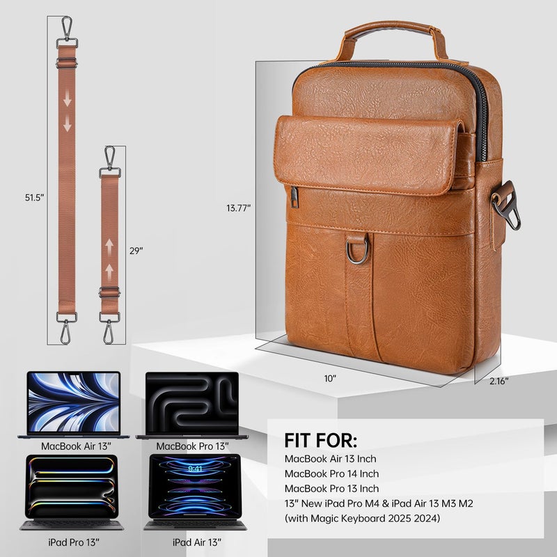 imComor 13 Inch Laptop Shoulder Bag Leather Briefcase for iPad Air 13 inch M3 M2 2025 2024, iPad Pro 13" M5 M4 with Magic Keyboard, iPad Pro 12.9 6/5/4/3, Vertical Laptop Sleeve Messenger Computer Bag, Brown - Image 3