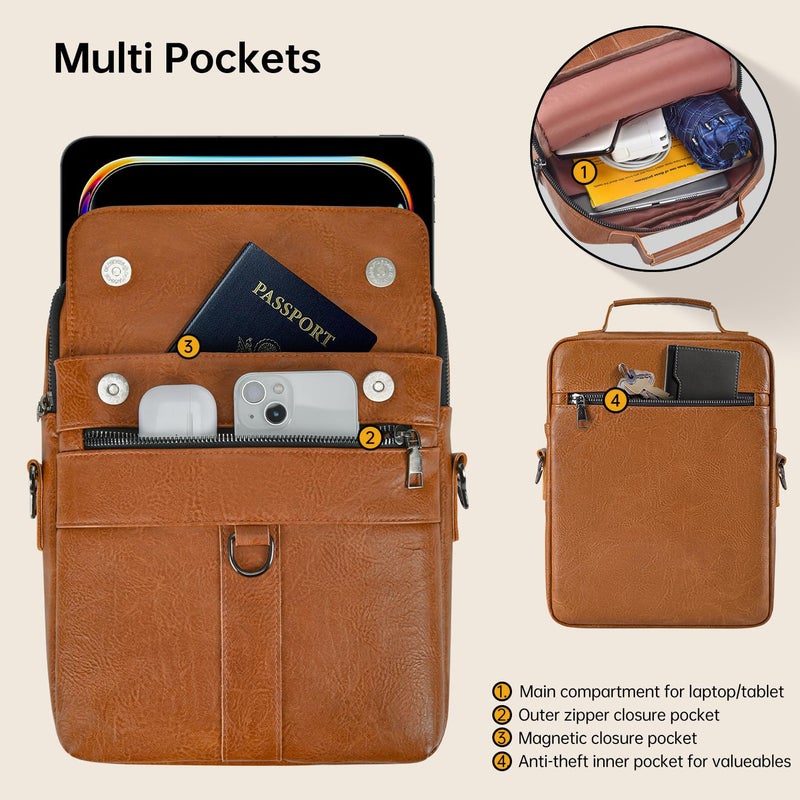 imComor 13 Inch Laptop Shoulder Bag Leather Briefcase for iPad Air 13 inch M3 M2 2025 2024, iPad Pro 13" M5 M4 with Magic Keyboard, iPad Pro 12.9 6/5/4/3, Vertical Laptop Sleeve Messenger Computer Bag, Brown - Image 4