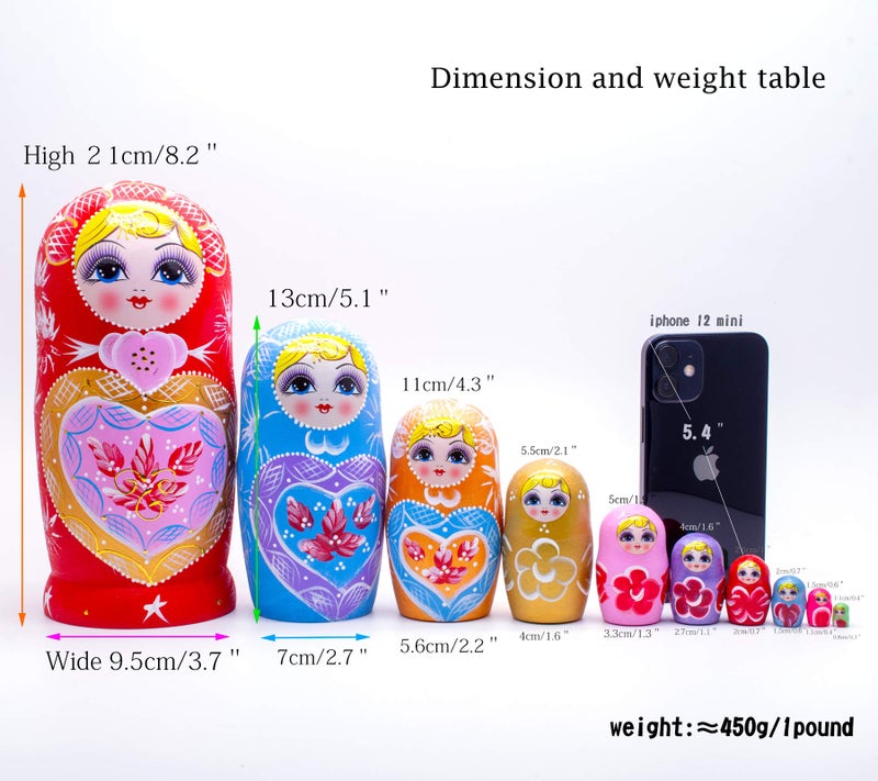 JoyNest Russian Nesting Dolls 10pcs Matryoshka Wood Stacking Nested Set Heart Shape Girl Handmade Toys for Children Kids Christmas Birthday Halloween Wishing Gift - Image 2