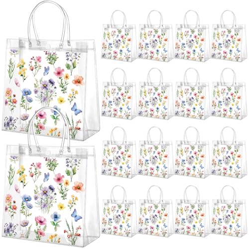 Resholder 24 Pcs Spring Floral Clear Gift Bags Wildflowers Goodie Bags with Handle 8 x 8 x 3.15 Inch Return Gift Wrap Tote for Guests Birthday Bridal Shower Wedding Tea Spring Summer Party Supplies - Image 1