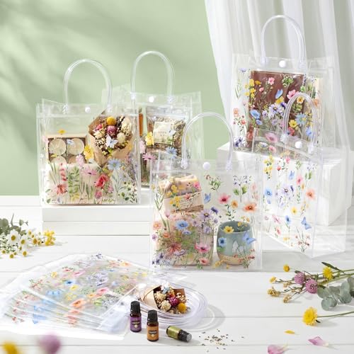 Resholder 24 Pcs Spring Floral Clear Gift Bags Wildflowers Goodie Bags with Handle 8 x 8 x 3.15 Inch Return Gift Wrap Tote for Guests Birthday Bridal Shower Wedding Tea Spring Summer Party Supplies - Image 3