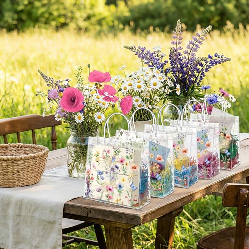 Resholder 24 Pcs Spring Floral Clear Gift Bags Wildflowers Goodie Bags with Handle 8 x 8 x 3.15 Inch Return Gift Wrap Tote for Guests Birthday Bridal Shower Wedding Tea Spring Summer Party Supplies - Image 4