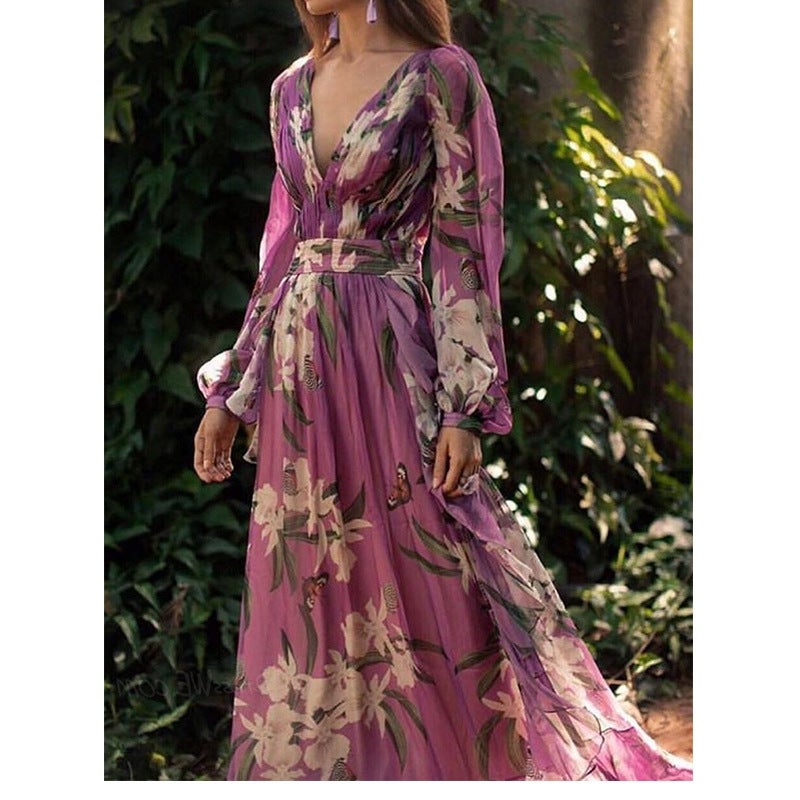 2024 Summer Floral Print V-Neck Midi Dress Picture Color
