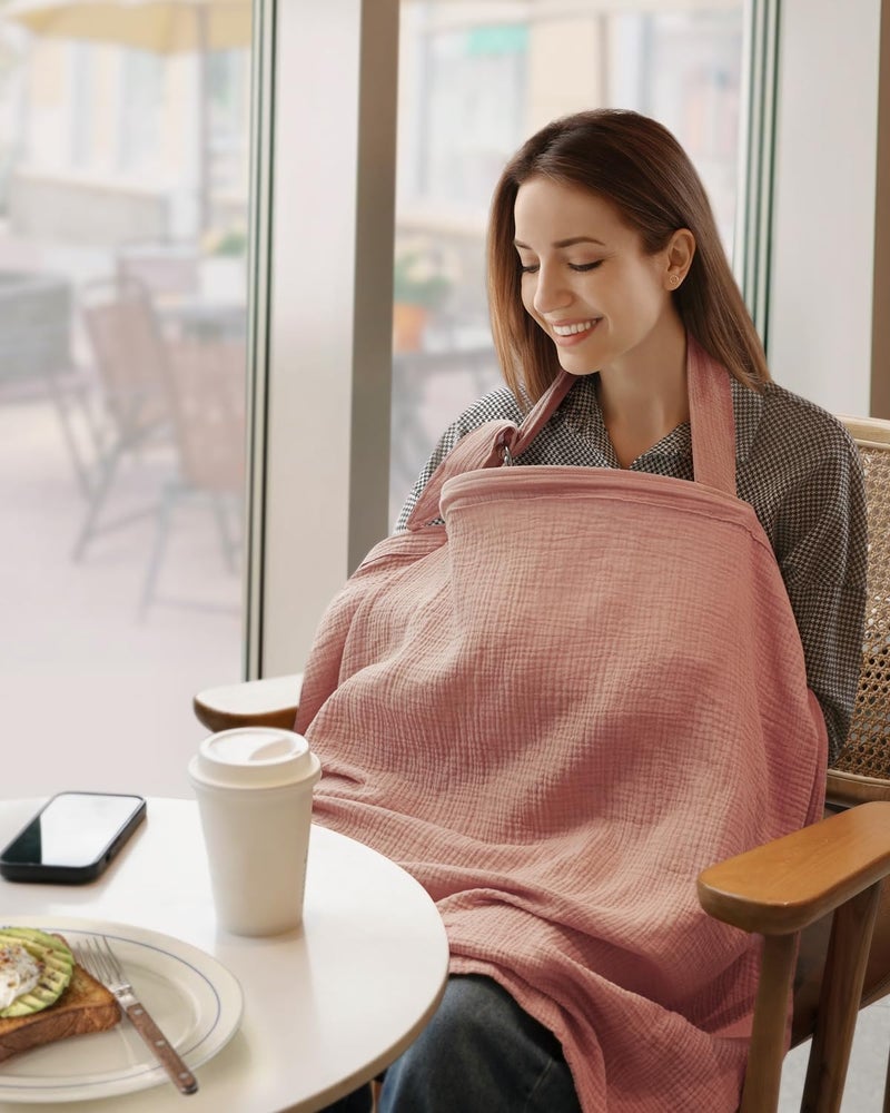 Blissful Diary غطاء رضاعة موسلين يوميات مبهجة للرضاعة الطبيعية، غطاء رضاعة قابل للتنفس مع ياقة مقوسة للنساء، مئزر رضاعة (وردي غامق) - Image 3