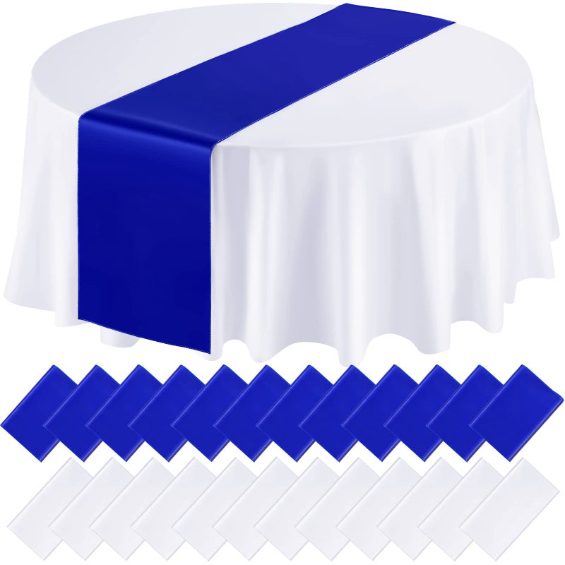 Queekay 24 Pcs 84 Round Plastic Tablecloth 12 x 108 Satin Table Runners Set White Plastic Table Covers Round Waterproof Cloths for Wedding Party Decor Baby Shower BirthdayRoyal Blue