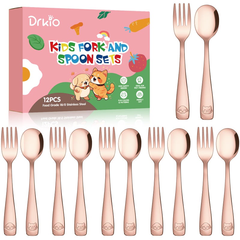 DRKIO مجموعة أدوات تناول الطعام للأطفال من DRKIO من الفولاذ المقاوم للصدأ - 12 قطعة مجموعة أدوات فضية للأطفال آمنة للطعام مع شوك صغيرة وملاعق آمنة للغسل في غسالة الصحون مصقولة بمرآة - Image 1