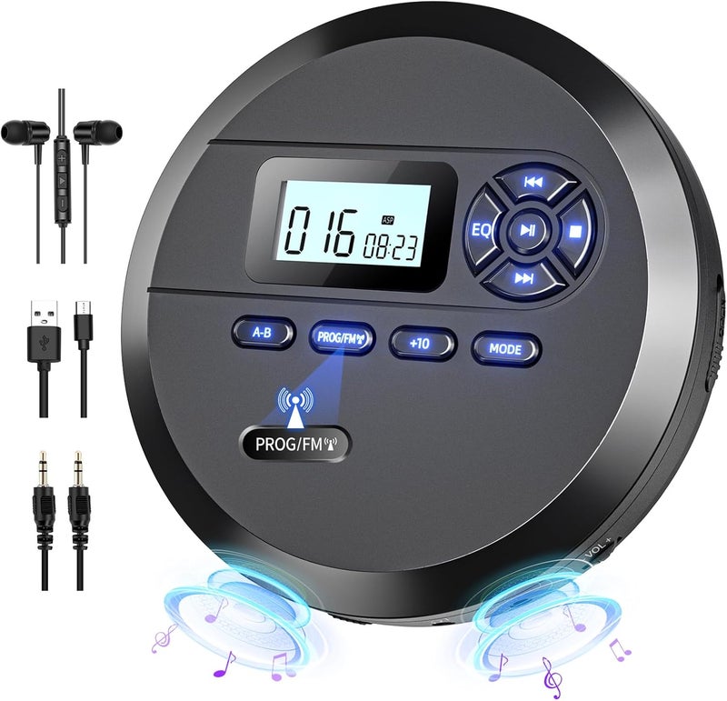 Desobry Portable CD Player with Speakers & FM Transmitter, Black - Image 1