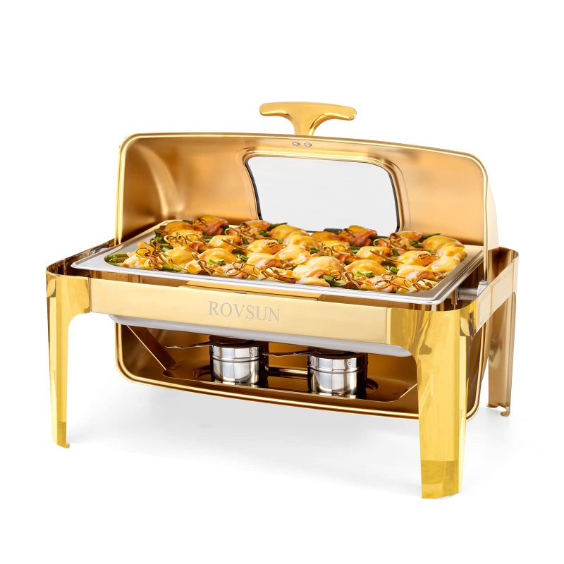 ROVSUN 9QT Roll Top Chafing Dish Buffet SetRectangular NSF Stainless Steel Buffet Warmer Chafers and Buffet Warmers Sets with Thick Frame for Catering Events Parties Weddings DinnersGold