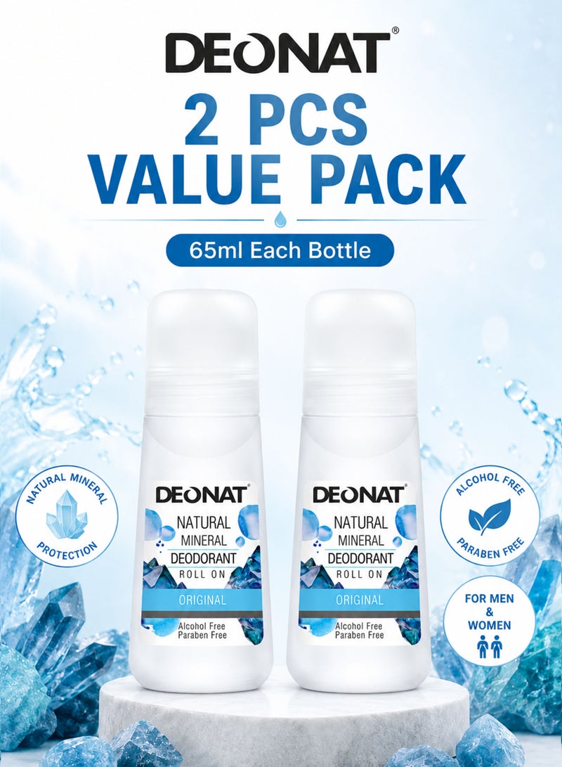 DEONAT Pack of 2 DEONAT Natural Mineral Deodorant Roll On Original 65ml Each Value Pack Alcohol Free Paraben Free Mineral Salt Roll-On Deodorant Long Lasting Daily Freshness Odor Protection for Men and Women Gentle Everyday Underarm Care - Image 1