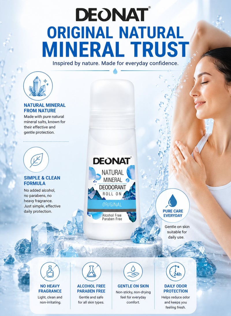 DEONAT Pack of 2 DEONAT Natural Mineral Deodorant Roll On Original 65ml Each Value Pack Alcohol Free Paraben Free Mineral Salt Roll-On Deodorant Long Lasting Daily Freshness Odor Protection for Men and Women Gentle Everyday Underarm Care - Image 4