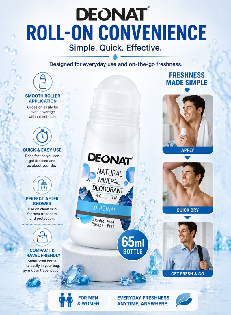 DEONAT Pack of 2 DEONAT Natural Mineral Deodorant Roll On Original 65ml Each Value Pack Alcohol Free Paraben Free Mineral Salt Roll-On Deodorant Long Lasting Daily Freshness Odor Protection for Men and Women Gentle Everyday Underarm Care - Image 5