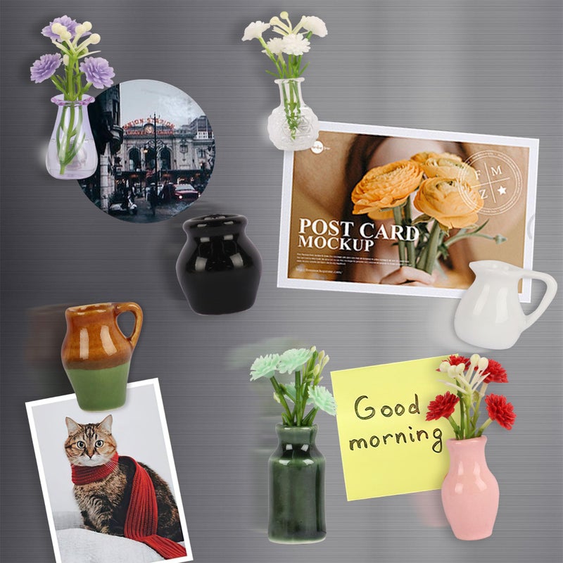 ZOYVUX Cute Ceramic Mini Vase Magnets for Fridge, Tiny Plant Vases with Flowers, Magnetic Refrigerator Decor for Kitchen, Office, Locker (8 Pack) - Image 2