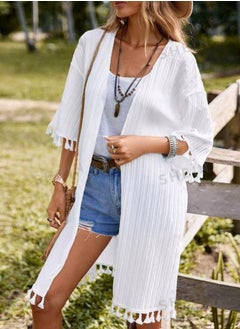 Shein SHEIN VCAY Tassel Trim Drop Shoulder Open Front Kimono  - Image 1