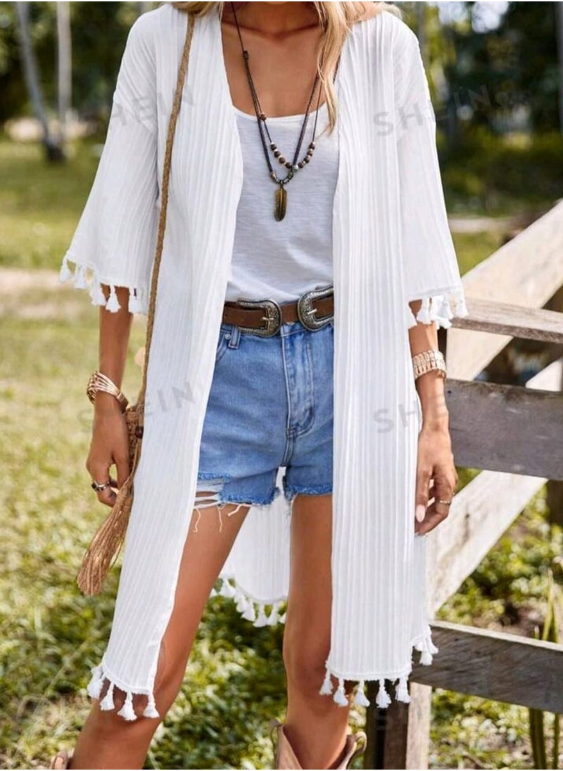 Shein - SHEIN VCAY Tassel Trim Drop Shoulder Open Front Kimono - Image 1