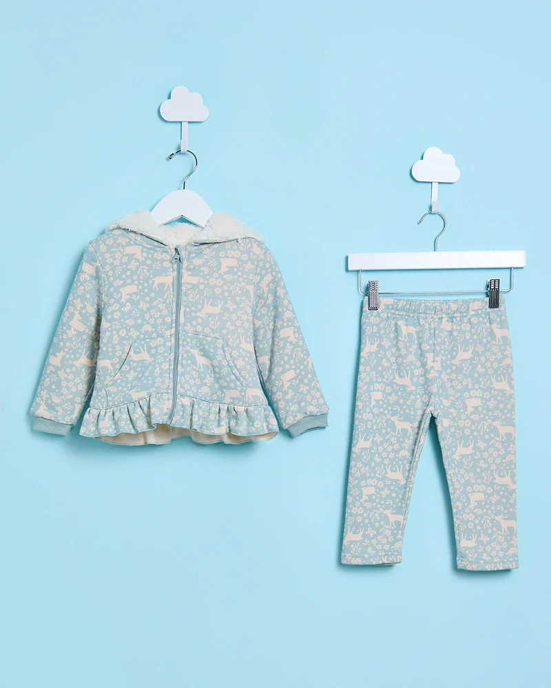 REDTAG Infant Girls Green Hooded Floral Print Jog suit (2 Piece)