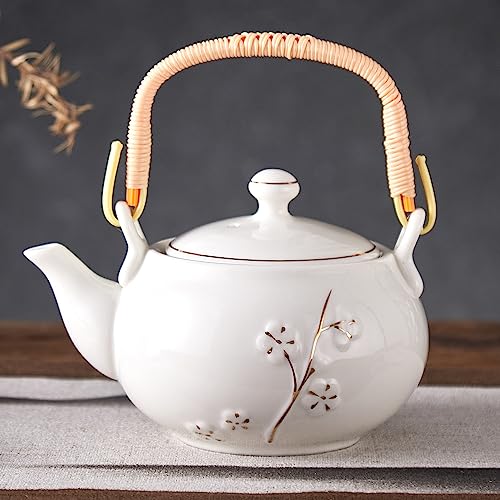 DUJUST Japanese Tea Pot White Porcelain Chinese Teapot with Stainless Infuser Cute Tea Pot for Adults Tea LoverWomenMen Plum in Golden - Image 1