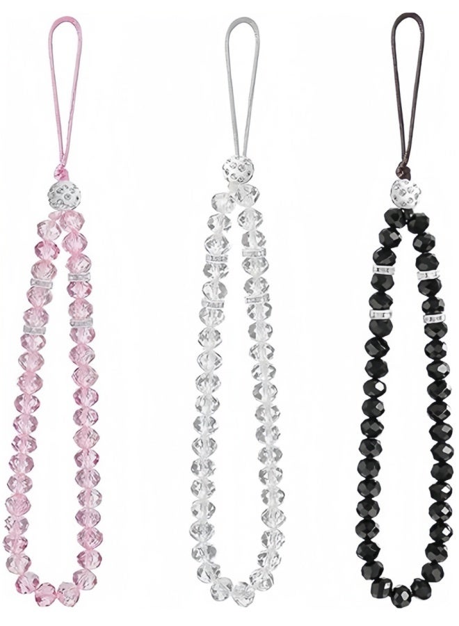 3 Pieces Crystal Bead Phone Charms Acrylic Phone Wrist Straps Classic Phone Lanyards Phone Case Accessories Stationery Decorative Ornaments Keychain Bracelets with Camera Keys Wallets