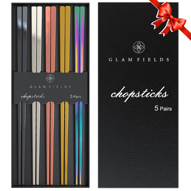 GLAMFIELDS Metal Chopsticks Reusable Chopsticks Dishwasher Safe Multipack Stainless Steel Japanese Style 5 Pairs Lightweight Chop Sticks Gift Set - Image 1