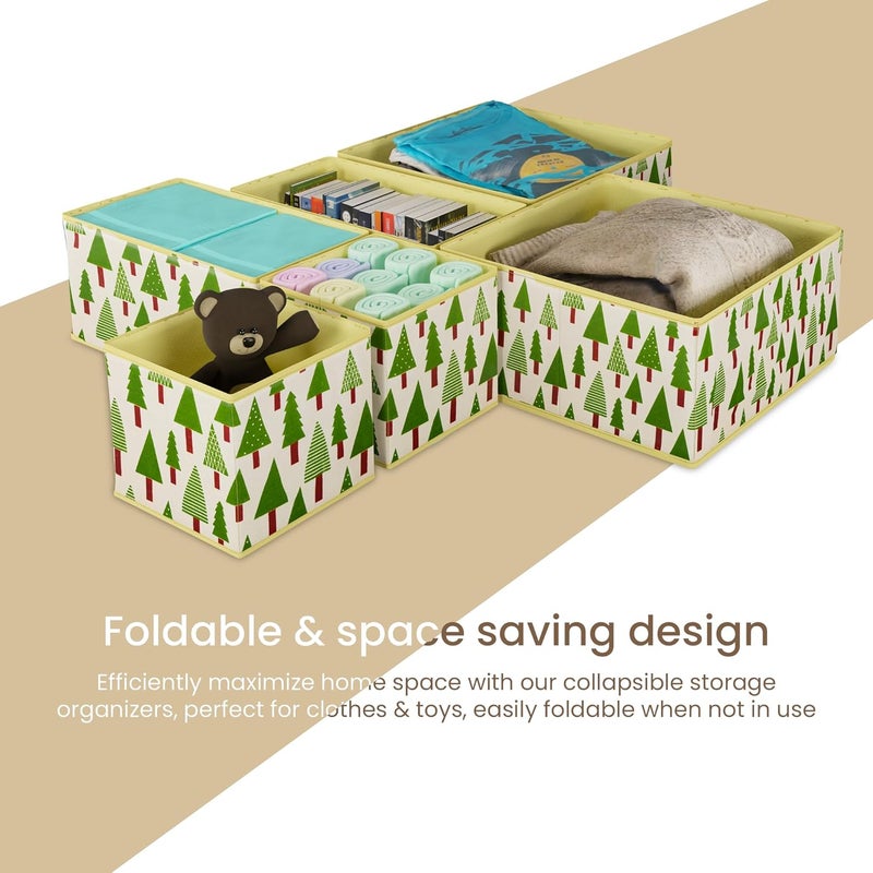 Kuber Industries 6 Pcs Foldable Drawer Organizer Wardrobe Organizer for Clothes Storage Box for Socks Bra Tie and Scarfs Stationary Cabinet Organizer Tree Print Cream Green - Image 4