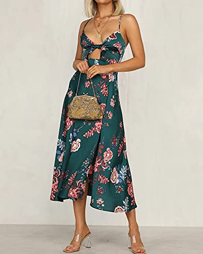 Fashionme Women Spaghetti Strap Midi Satin Dresses Tie Front Backless Split Summer Casual Floral Dress Hollow Flowy Slip Dress Sundresses Wedding Guest Beach Cocktail Graduation Dark Green - Image 4