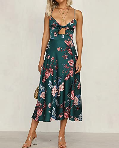 Fashionme Women Spaghetti Strap Midi Satin Dresses Tie Front Backless Split Summer Casual Floral Dress Hollow Flowy Slip Dress Sundresses Wedding Guest Beach Cocktail Graduation Dark Green - Image 3