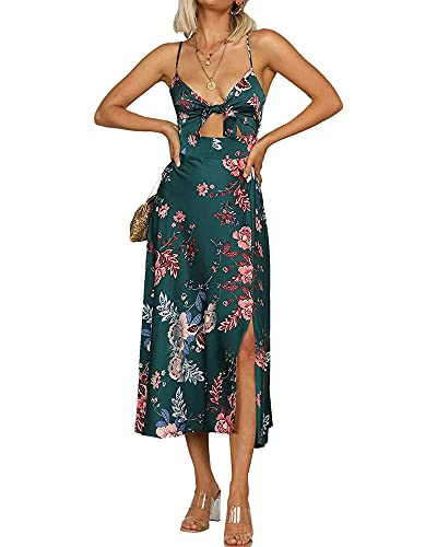 Fashionme Women Spaghetti Strap Midi Satin Dresses Tie Front Backless Split Summer Casual Floral Dress Hollow Flowy Slip Dress Sundresses Wedding Guest Beach Cocktail Graduation Dark Green - Image 1