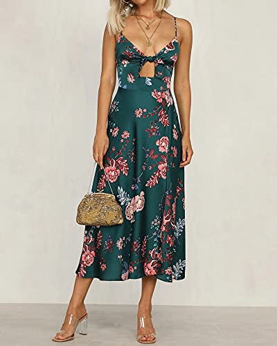 Fashionme Women Spaghetti Strap Midi Satin Dresses Tie Front Backless Split Summer Casual Floral Dress Hollow Flowy Slip Dress Sundresses Wedding Guest Beach Cocktail Graduation Dark Green - Image 2