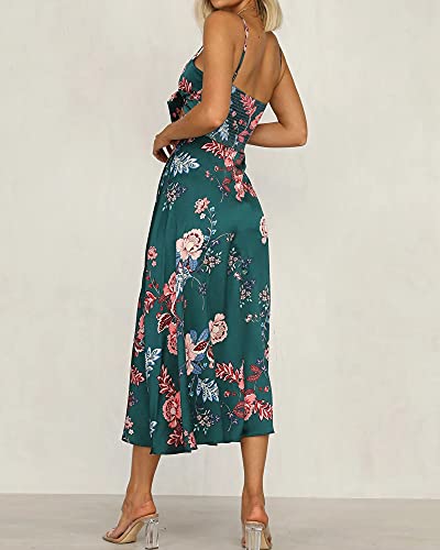 Fashionme Women Spaghetti Strap Midi Satin Dresses Tie Front Backless Split Summer Casual Floral Dress Hollow Flowy Slip Dress Sundresses Wedding Guest Beach Cocktail Graduation Dark Green - Image 5