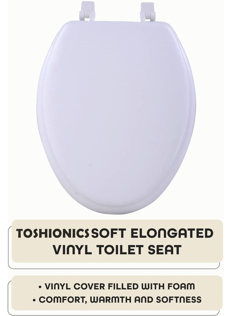 توشيونيكس مقعد مرحاض مستطيل من الفينيل سهل الإغلاق، أبيض (40×30 سم) - غطاء من الفينيل الناعم مع بطانة إسفنجية مريحة - يناسب جميع التركيبات الطويلة - سهل التركيب، متين ومريح - Image 1