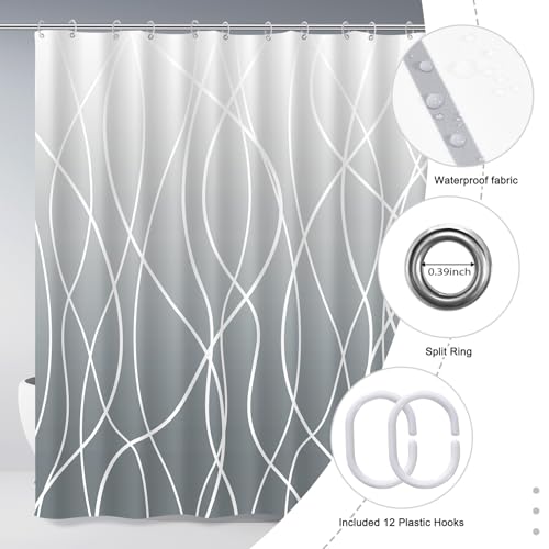 Punkray Ombre Grey Shower Curtain for Bathroom with Hooks, White Shower Curtain Set, Stripe Bath Curtains Decorative Shower Curtains Water Repellent Washable, 72 x 72 - Image 5