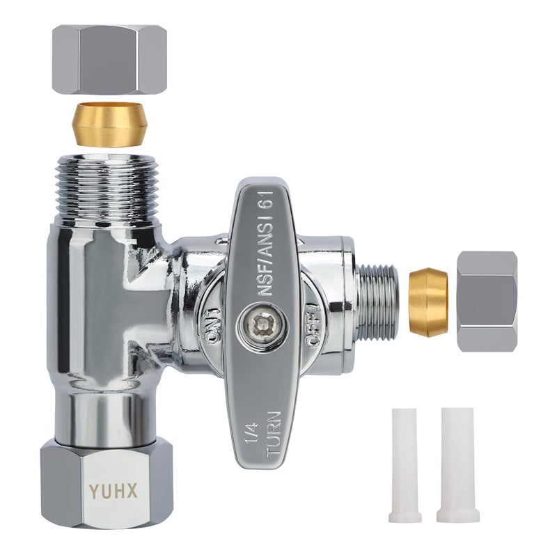 YUHX Brass Angle Stop Add-A-Tee Valve, 3/8 x 3/8 x 1/4 Compression Tee Valve,Feed Water Adapter for Refrigerators, Ice maker, Reverse Osmosis,RO Water Filter Systems, 3 Way Diverter Water Line Splitter - Image 1