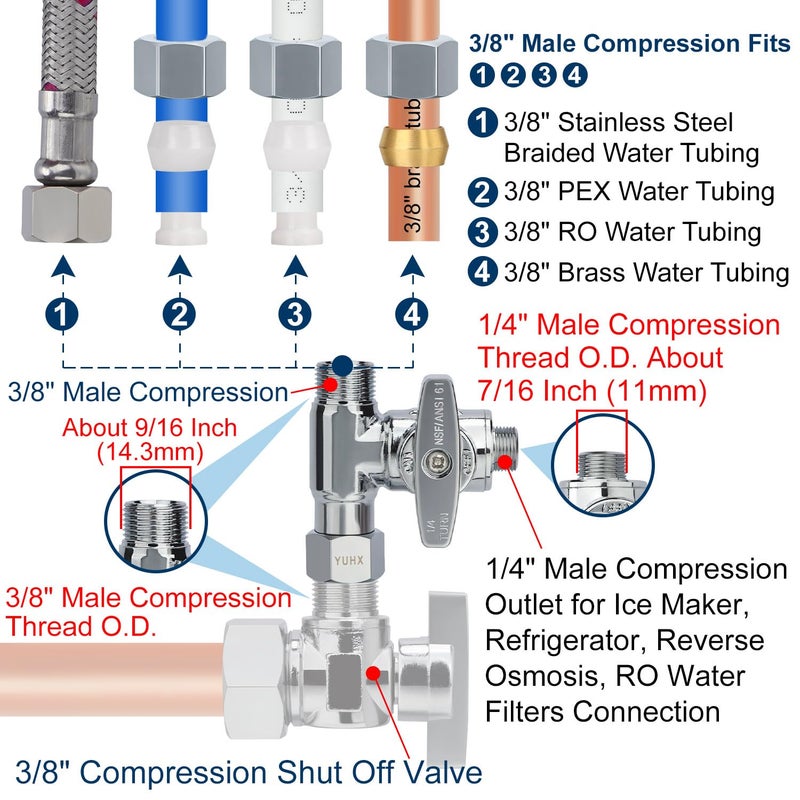 YUHX Brass Angle Stop Add-A-Tee Valve, 3/8 x 3/8 x 1/4 Compression Tee Valve,Feed Water Adapter for Refrigerators, Ice maker, Reverse Osmosis,RO Water Filter Systems, 3 Way Diverter Water Line Splitter - Image 5