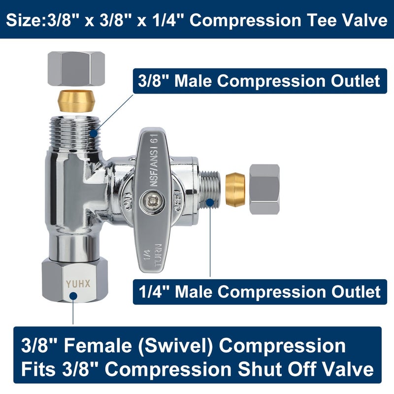 YUHX Brass Angle Stop Add-A-Tee Valve, 3/8 x 3/8 x 1/4 Compression Tee Valve,Feed Water Adapter for Refrigerators, Ice maker, Reverse Osmosis,RO Water Filter Systems, 3 Way Diverter Water Line Splitter - Image 2