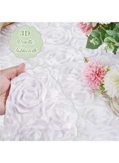 QueenDream QueenDream Rosette Tablecloth White Wedding Tablecloth 90x156 Inch Rectangle 3D Floral Rosettes Tablecloth for Baby Shower Party Ceremony Stage Wedding Decoration  - Image 3