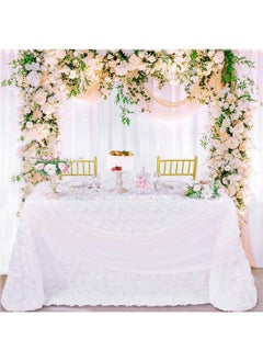 QueenDream QueenDream Rosette Tablecloth White Wedding Tablecloth 90x156 Inch Rectangle 3D Floral Rosettes Tablecloth for Baby Shower Party Ceremony Stage Wedding Decoration  - Image 1