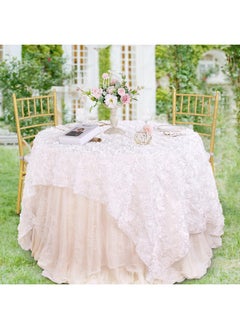 QueenDream QueenDream Rosette Tablecloth White Wedding Tablecloth 90x156 Inch Rectangle 3D Floral Rosettes Tablecloth for Baby Shower Party Ceremony Stage Wedding Decoration  - Image 4