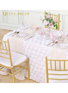 QueenDream QueenDream Rosette Tablecloth White Wedding Tablecloth 90x156 Inch Rectangle 3D Floral Rosettes Tablecloth for Baby Shower Party Ceremony Stage Wedding Decoration  - Image 2