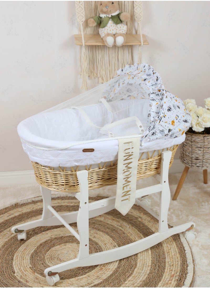 FUN MOMENT Baby Crib Basket Musa Turkish Material for Newborns with Wooden Stand with Wheels White Color  - Image 1
