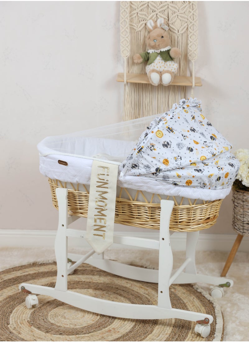 FUN MOMENT Baby Crib Basket Musa Turkish Material for Newborns with Wooden Stand with Wheels White Color  - Image 2