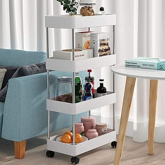 Leaffybezz Made for Amazon Plastic Space Saving Storage Organizer Rack Shelf with Wheels for Kitchen, Office, Bathroom and Bedroom (4 Layer, White) - Image 1
