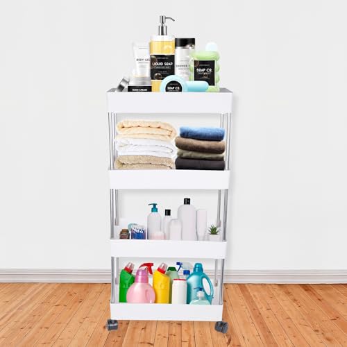 Leaffybezz Made for Amazon Plastic Space Saving Storage Organizer Rack Shelf with Wheels for Kitchen, Office, Bathroom and Bedroom (4 Layer, White) - Image 2