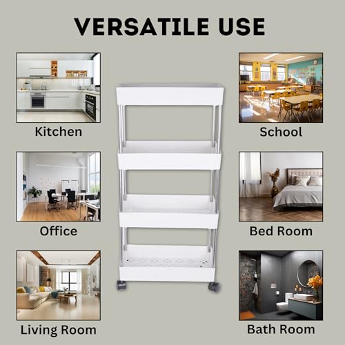 Leaffybezz Made for Amazon Plastic Space Saving Storage Organizer Rack Shelf with Wheels for Kitchen, Office, Bathroom and Bedroom (4 Layer, White) - Image 3