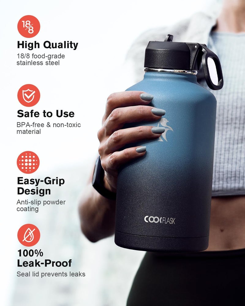 Coolflask Insulated Water Bottle 2L - 3 Lids with Straw & Spout & Handle, Leakproof Vacuum Stainless Steel Water Bottle for Sports, Travel, Gym, 48H Cold & 24H Hot, BPA Free, Navy Black Gradient - Image 3