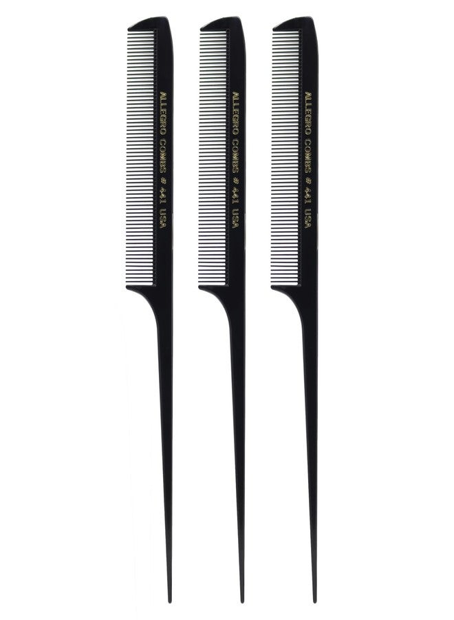 Allegro Combs 441 Rat Tail Combs Braiding Parting Fine Teeth Rattail Set For Hair Styling For Hair Coloring 3 Units (Black)