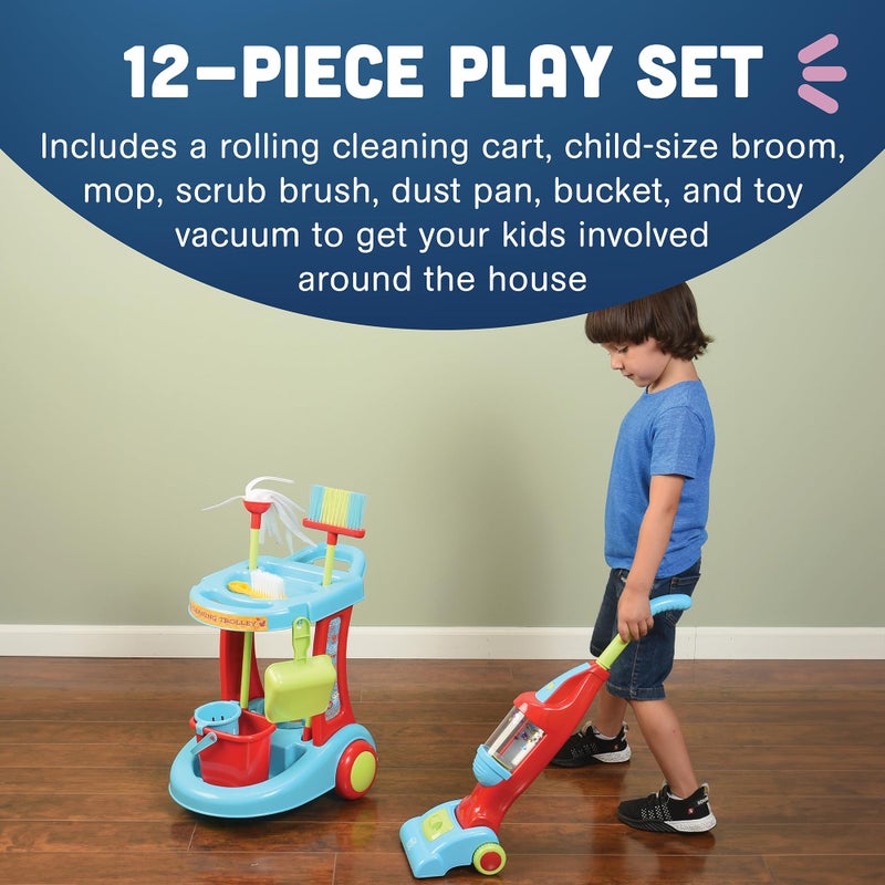 Constructive Playthings Little Helper 12-Piece Kids Cleaning Set with Toy Vacuum, Cart, Broom, and Mop, Pretend Play Toddler Cleaning Toy Set for Kids Ages 3+, Multicolor - Image 3
