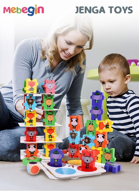 Stacking Toys Set with 36 Animal Blocks, 9 Double-sided Cards and 1 Dice, Color Matching Game, Stress Relieveing Toy, Multifunctional Stacking Toy, Educational Board Game, Ideal Gift for Kids Aged 36+