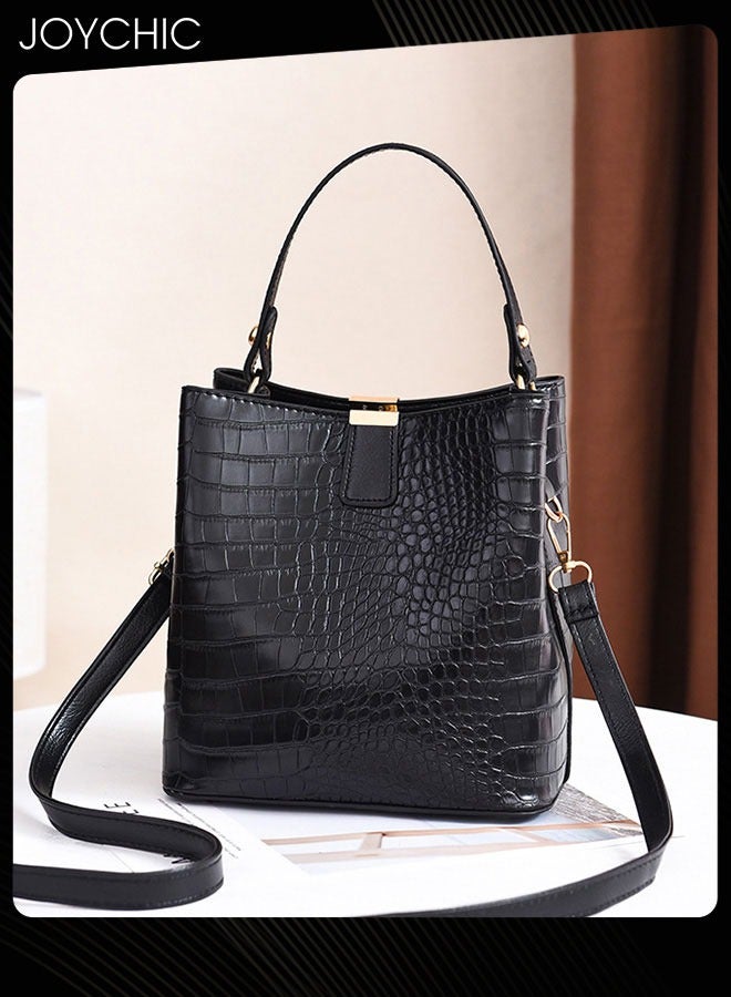 Joychic حقيبة دلو عصرية على الطراز الكوري للنساء بنمط حجر حقيبة كتف كبيرة بسعة كبيرة مع أحزمة قابلة للفصل للسفر والمكتب باللون الأسود - Image 1