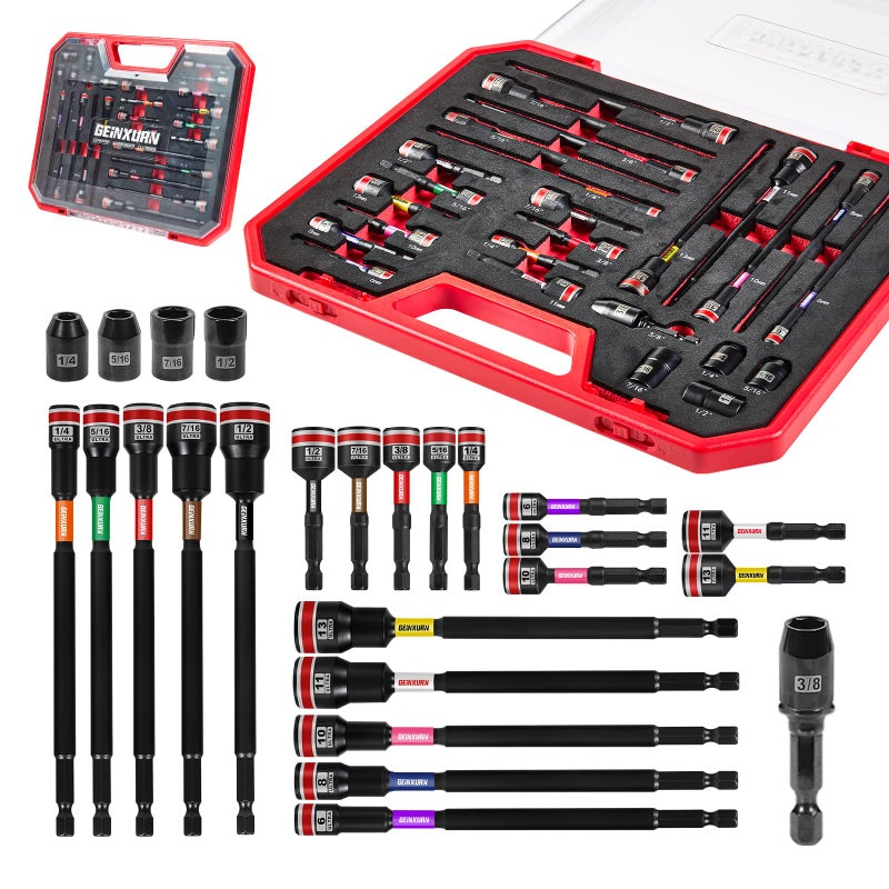 Geinxurn 25Pieces Magnetic Nut Driver Set for Impact Drill Metric and SAE Sizes with Plastic Tool Box Storage, Built for Professional & DIY Projects - Image 1